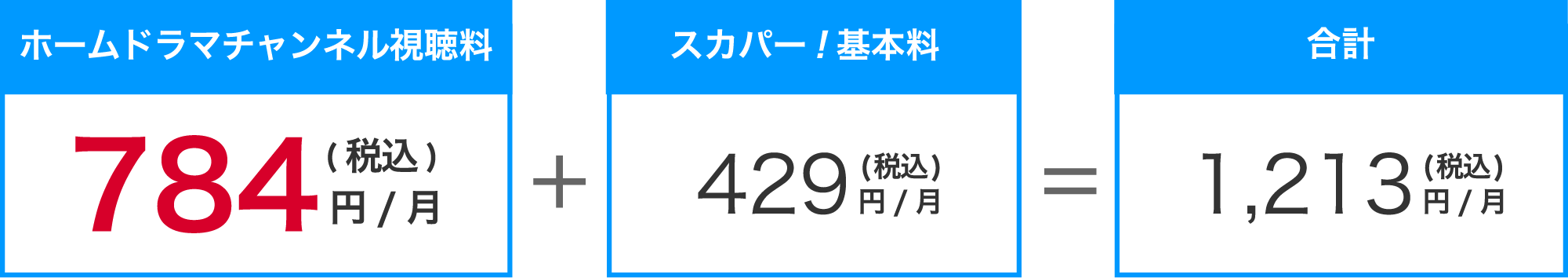 ホームドラマチャンネル視聴料784円（税込）／月＋スカパー！基本料429円（税込）／月＝合計1,213円（税込）／月